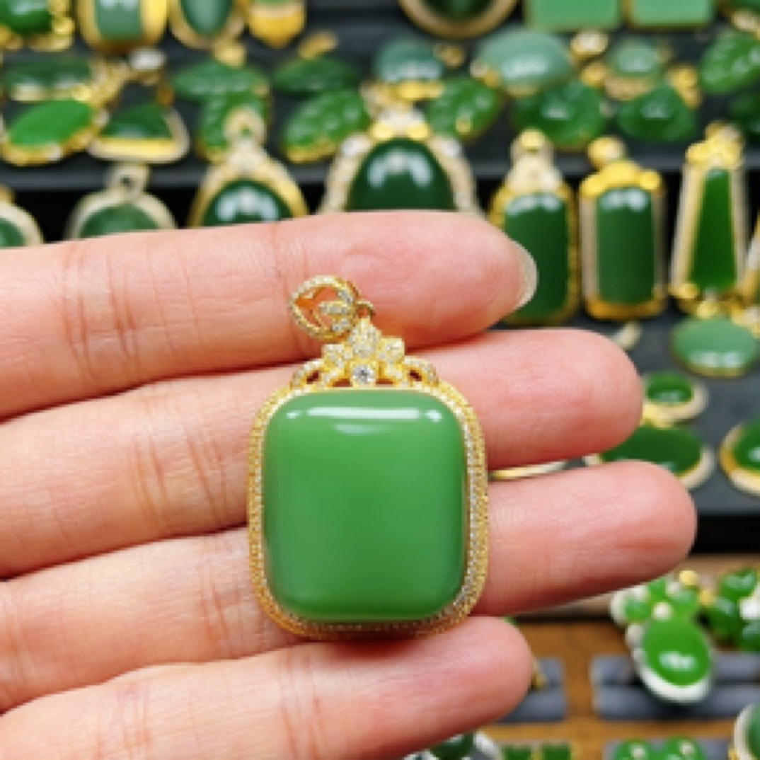 俄罗斯碧玉粉绿吊坠18k金镶嵌无事牌女款项链