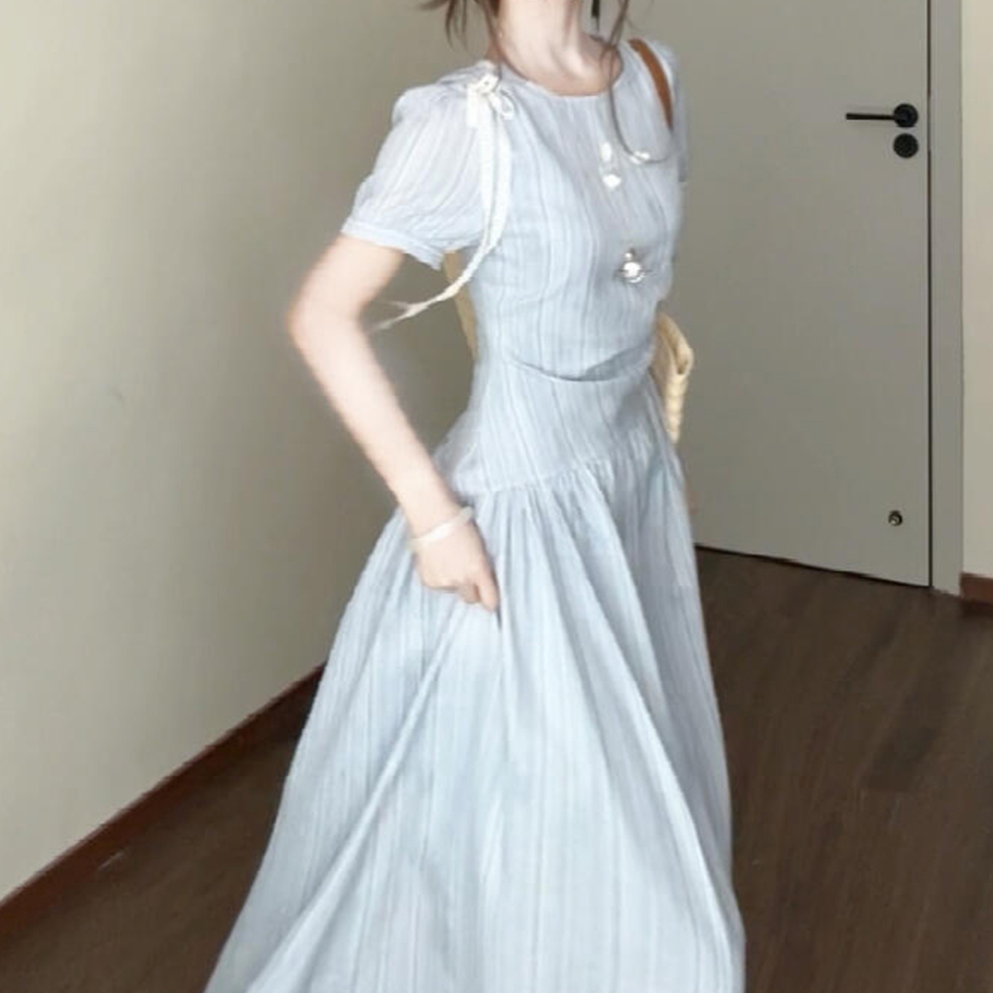 【现货+运贴5米】蓝色连衣裙子女夏季2025新款海边度假掐腰长裙5129