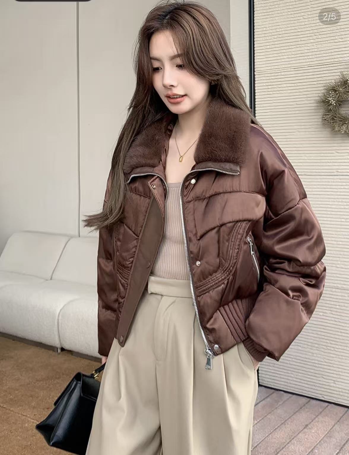 DINHEY  水貂毛领90白鹅绒时尚潮流短款立翻领保暖外套3072