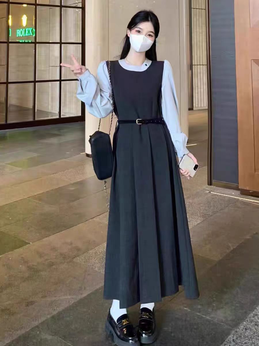 （现货）法式假两件连衣裙女秋冬新款大码胖mm收腰显瘦气质长裙1946