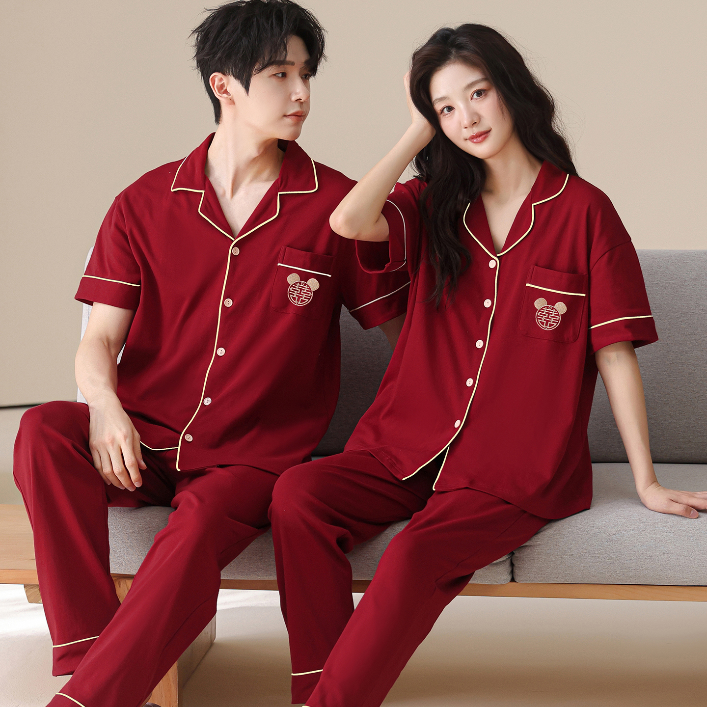 100%纯棉短袖红色情侣睡衣结婚本命年喜庆新款家居服套装一男一女