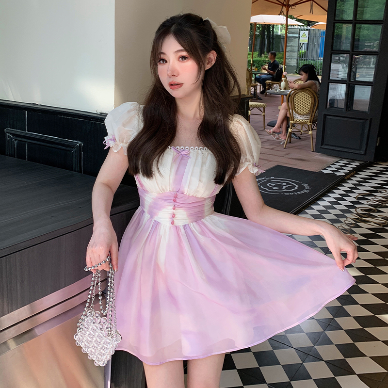 【24217 】法式气质高级感茶歇裙泡泡袖