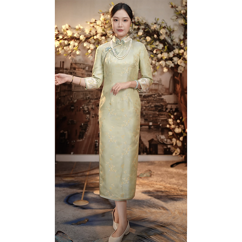 徐永良 【兰花蝴蝶】宋锦旗袍桑蚕丝复古气质七分袖秋冬 57438 