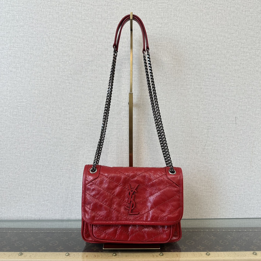 95新 YSL/圣罗兰 Niki mini红色油蜡牛皮单肩斜挎包 71382