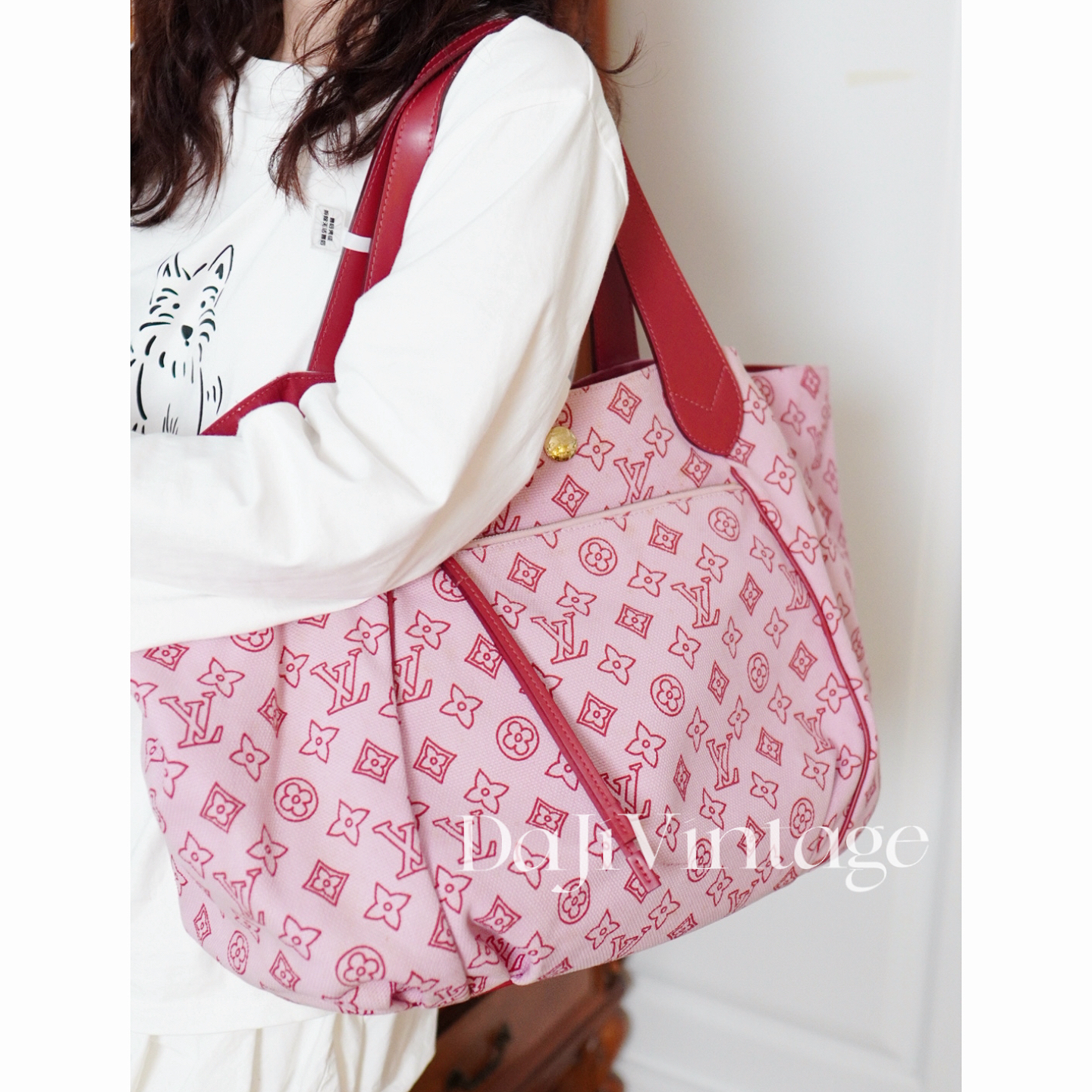 95新 LouisVuitton/路易威登 大吉中古/lv粉色丹宁拼皮托特包