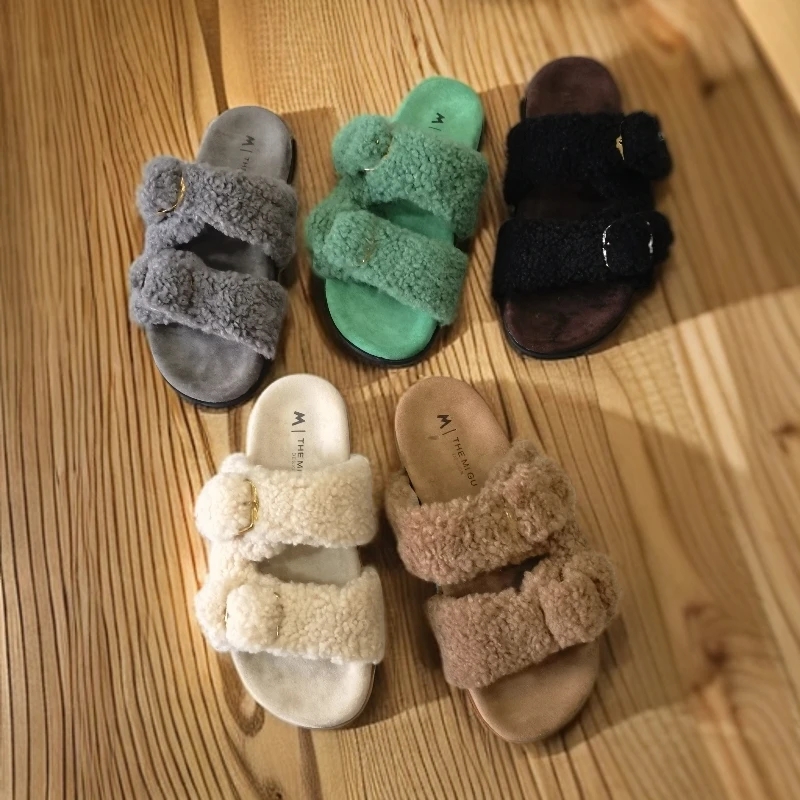 518岩秋冬厚底搭扣厚款时尚防臭毛绒日常胶粘鞋1休闲一字拖123+8