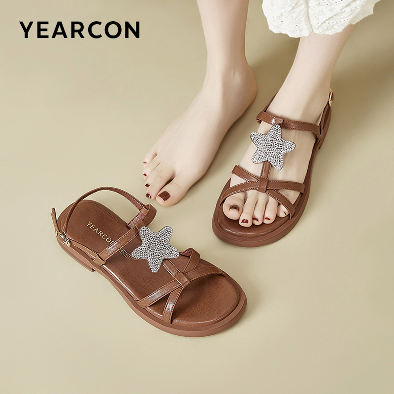 YEARCON/意尔康夏季新款磨砂皮一字式扣带时装凉鞋软底百搭凉拖