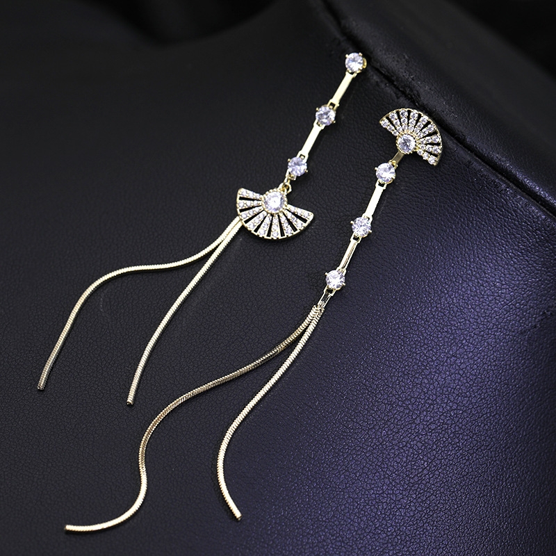 铜合金耳饰 韩版时尚耳坠女不对称气质长款扇形流苏耳环