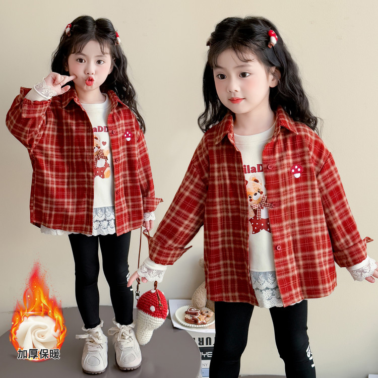 童装复古港风卡通动漫女秋冬打底衫衬衫上衣长袖韩版套装格子外套