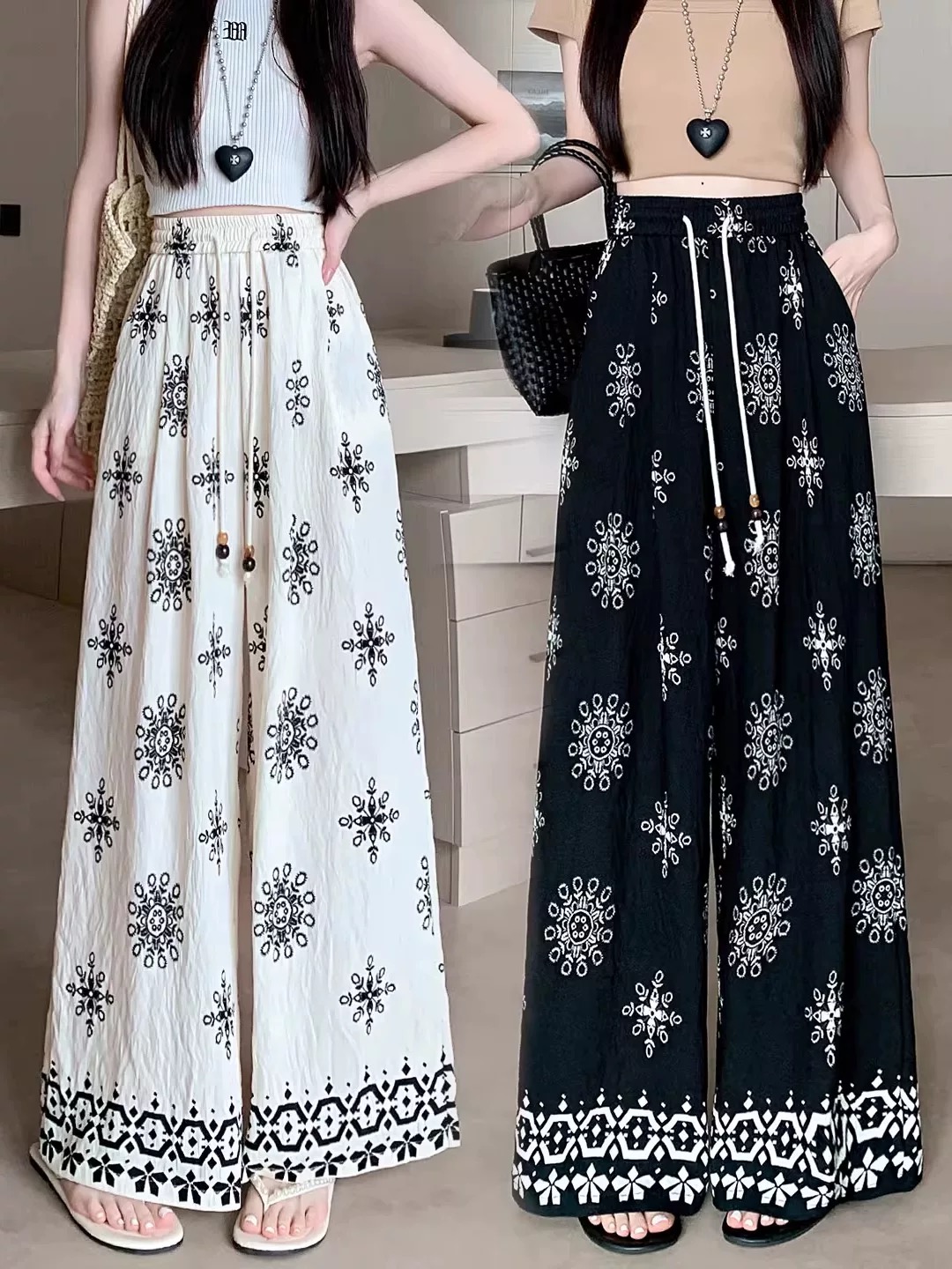 2025新款夏季胖mm大码高腰显瘦休闲裤宽松度假风阔腿裤女#6604