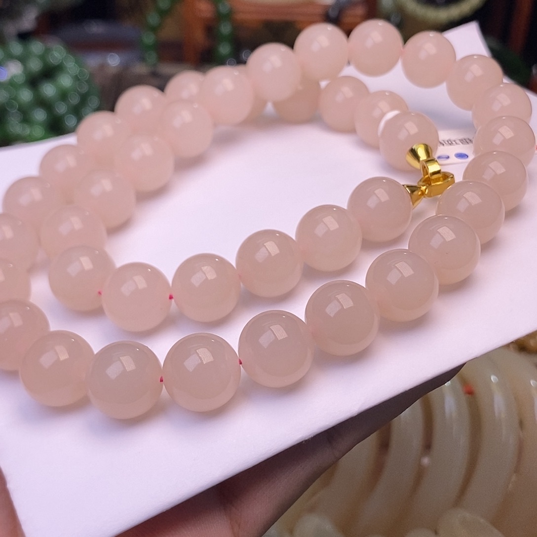 和田玉未镶嵌熟藕粉脂膏红粉项链12mm天花板