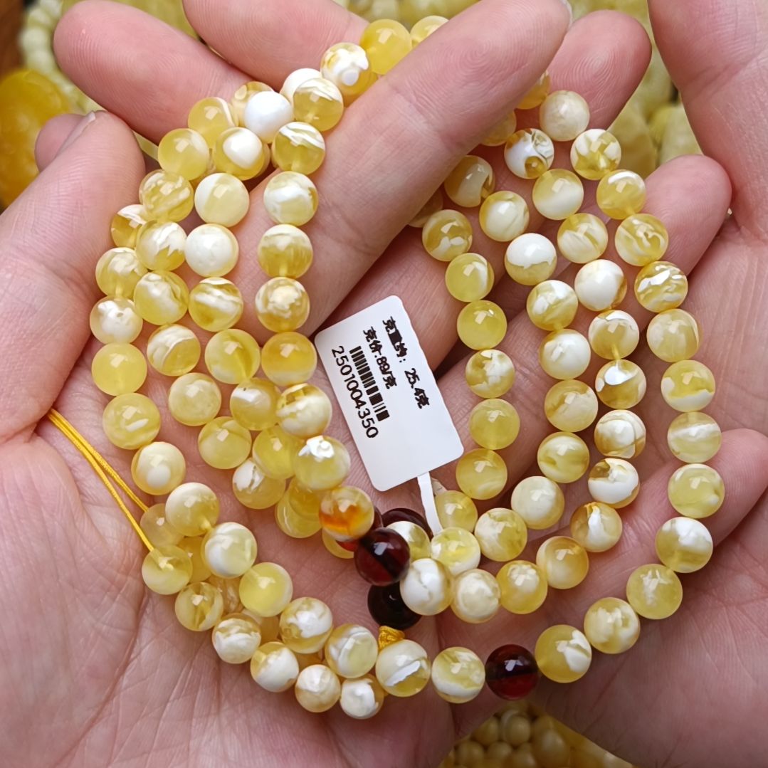 蜜蜡颈饰未镶嵌7圆珠金瓷白溶洞妖花108