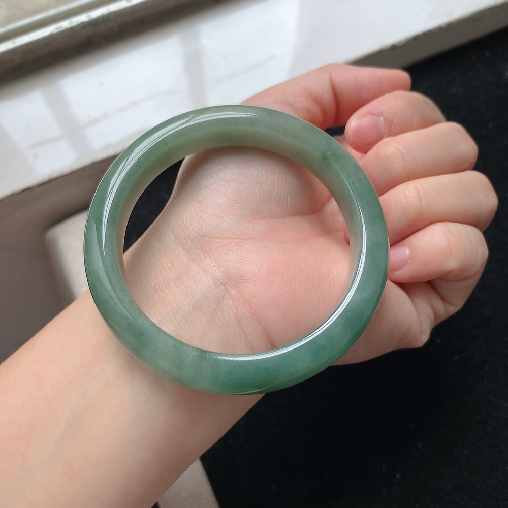 1604号 缅甸天然A货翡翠手镯57圈口满绿正装手镯