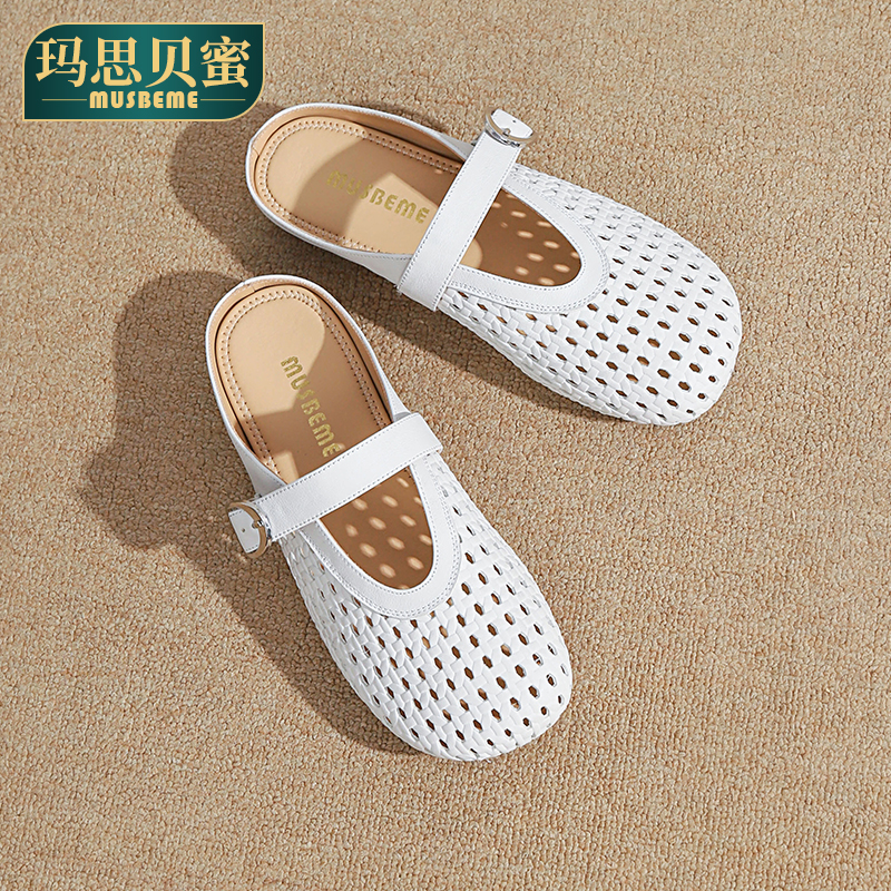 洞洞鞋女夏季新款真皮镂空凉鞋平底低跟一字带包头拖鞋舒适女鞋