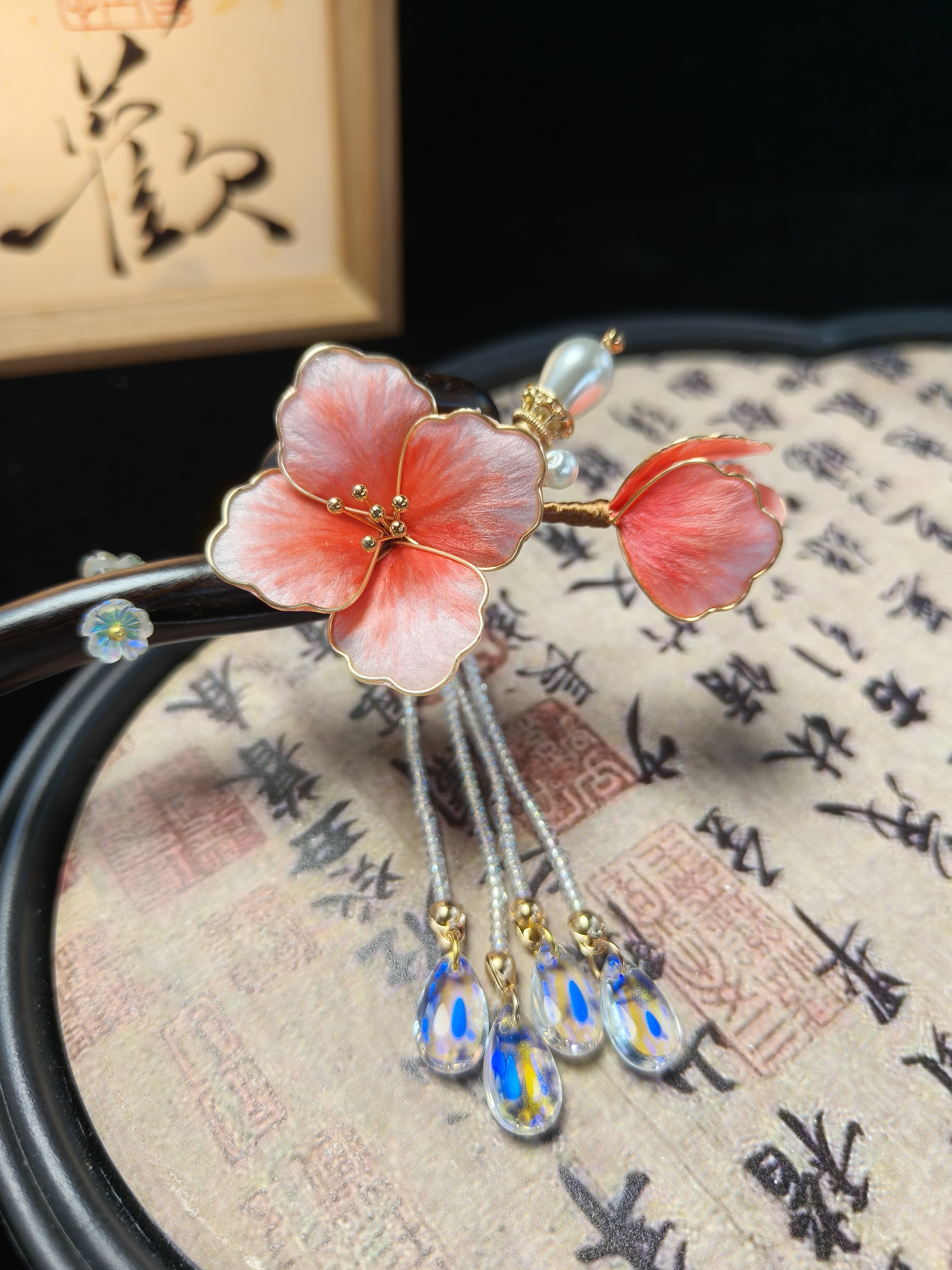 [庭棠]檀木发钗非遗绒花手工掐丝国潮复古日常盘发配饰