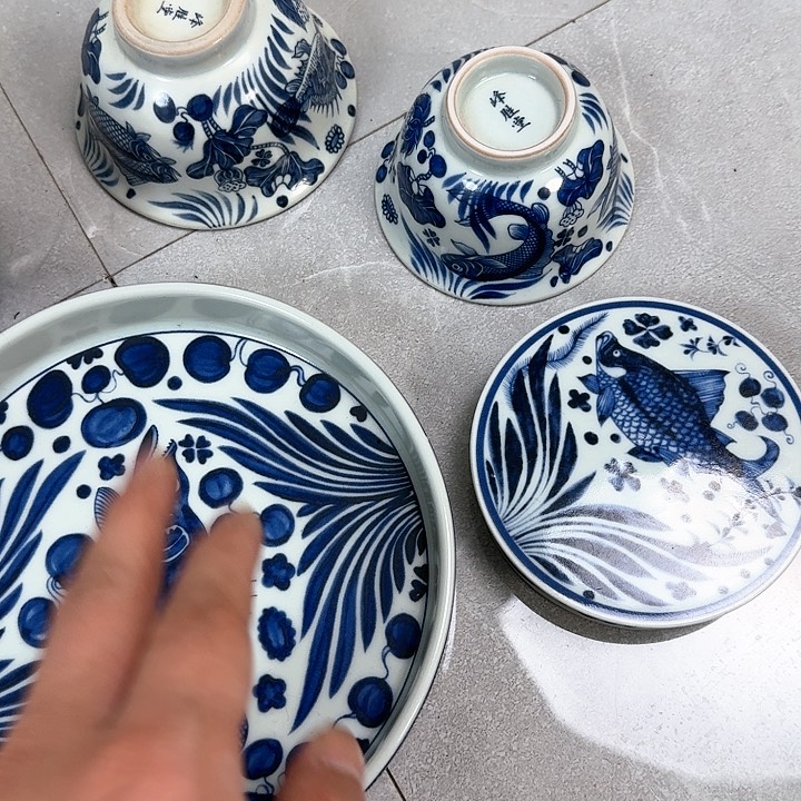 杯青花鱼藻5件套景德镇