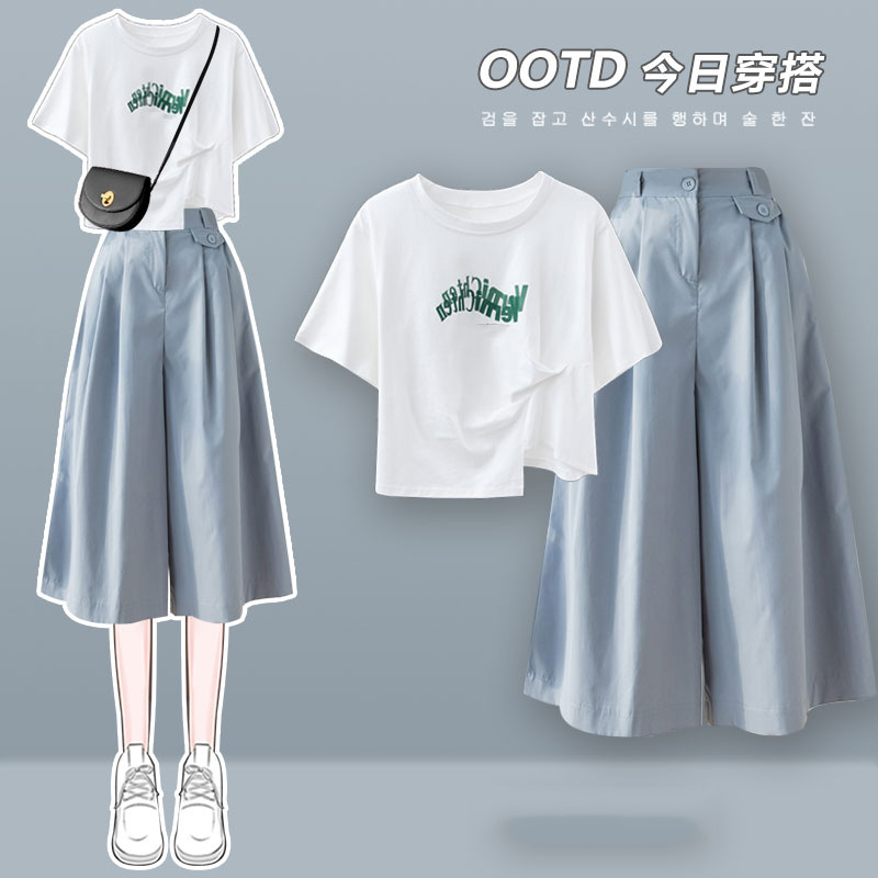 24 小清新七分阔腿裤套装女新款微胖显瘦小个子高级感裤裙两件套