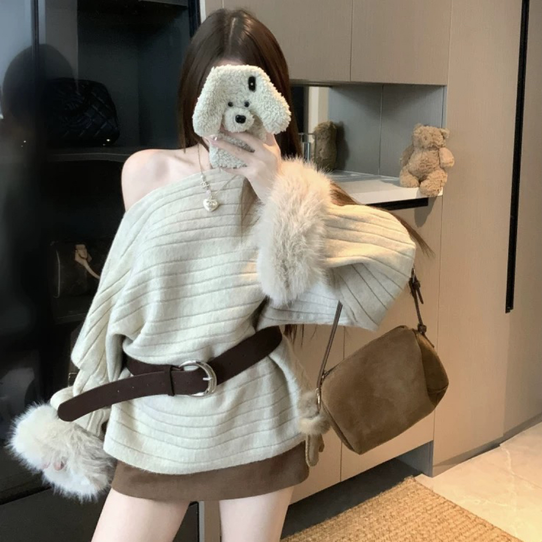 法式纯欲风斜领露肩毛毛袖针织衫女秋冬设计感宽松显瘦百搭上衣