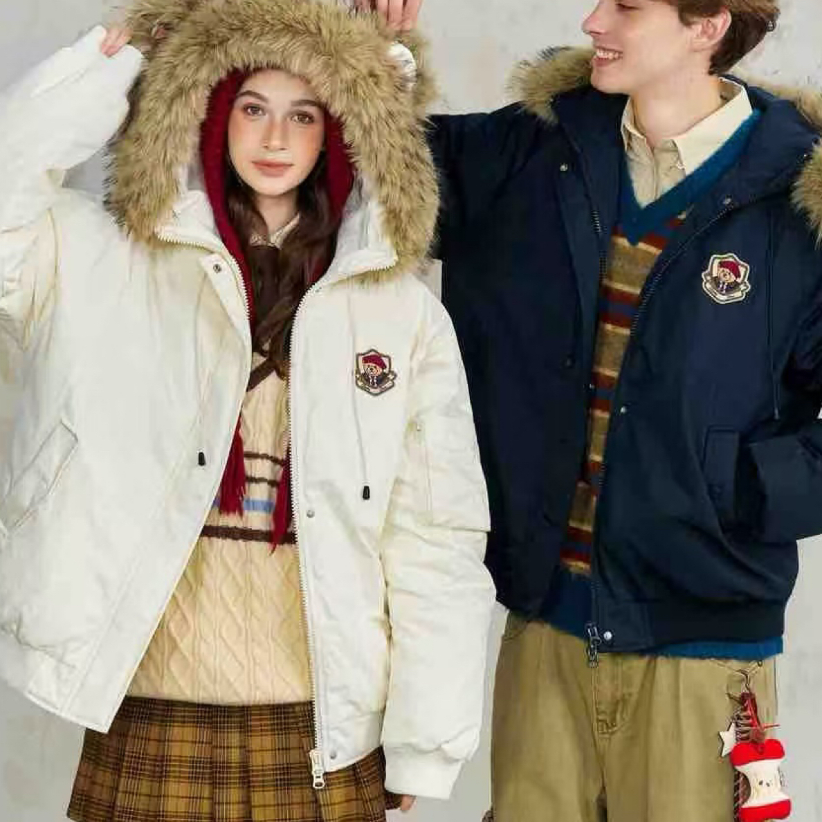 美式复古学院风小熊耳朵大毛领连帽冬季加厚保暖棉服女