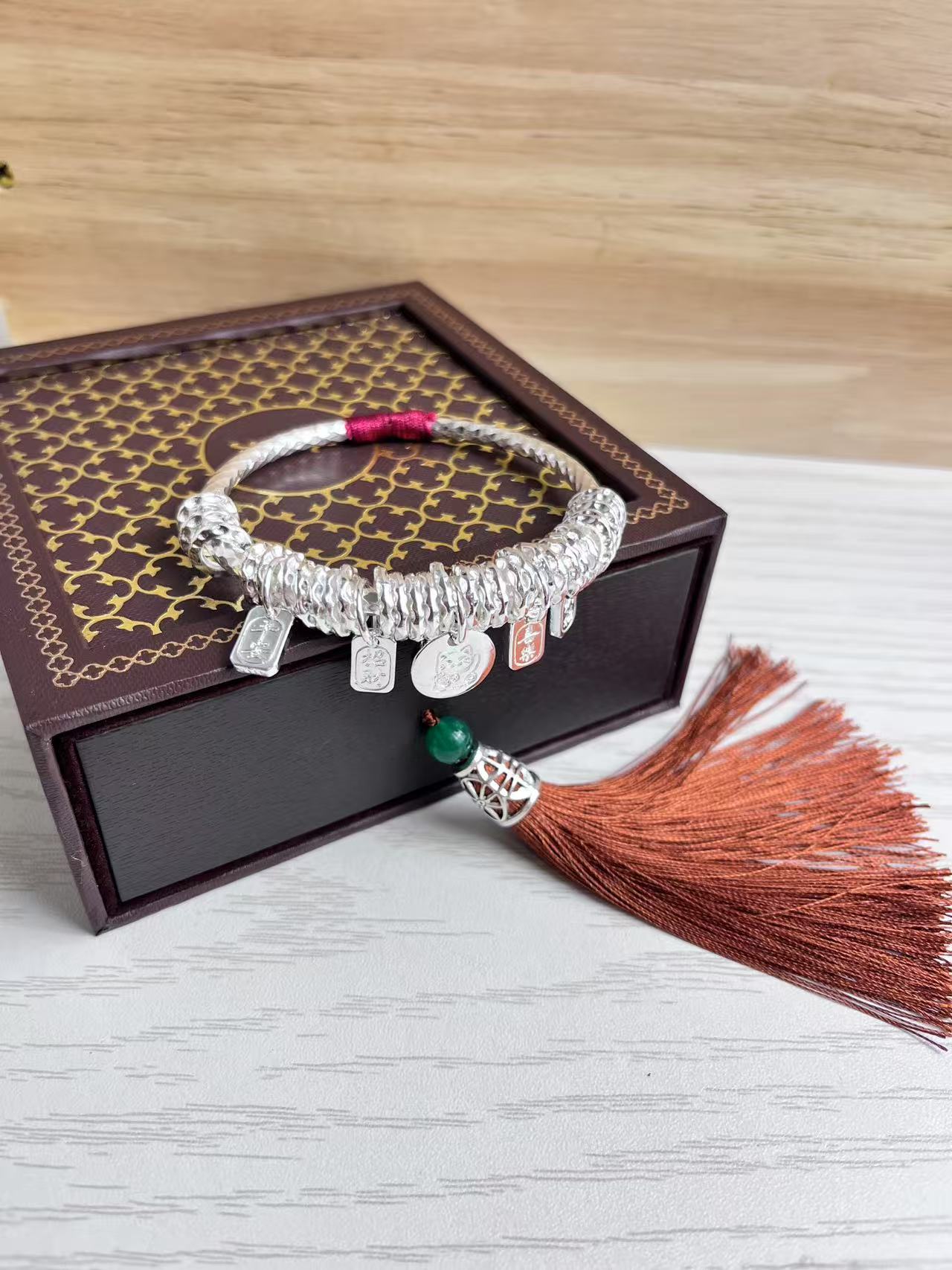 足银手镯 圈口可调节民族风编绳情侣手镯