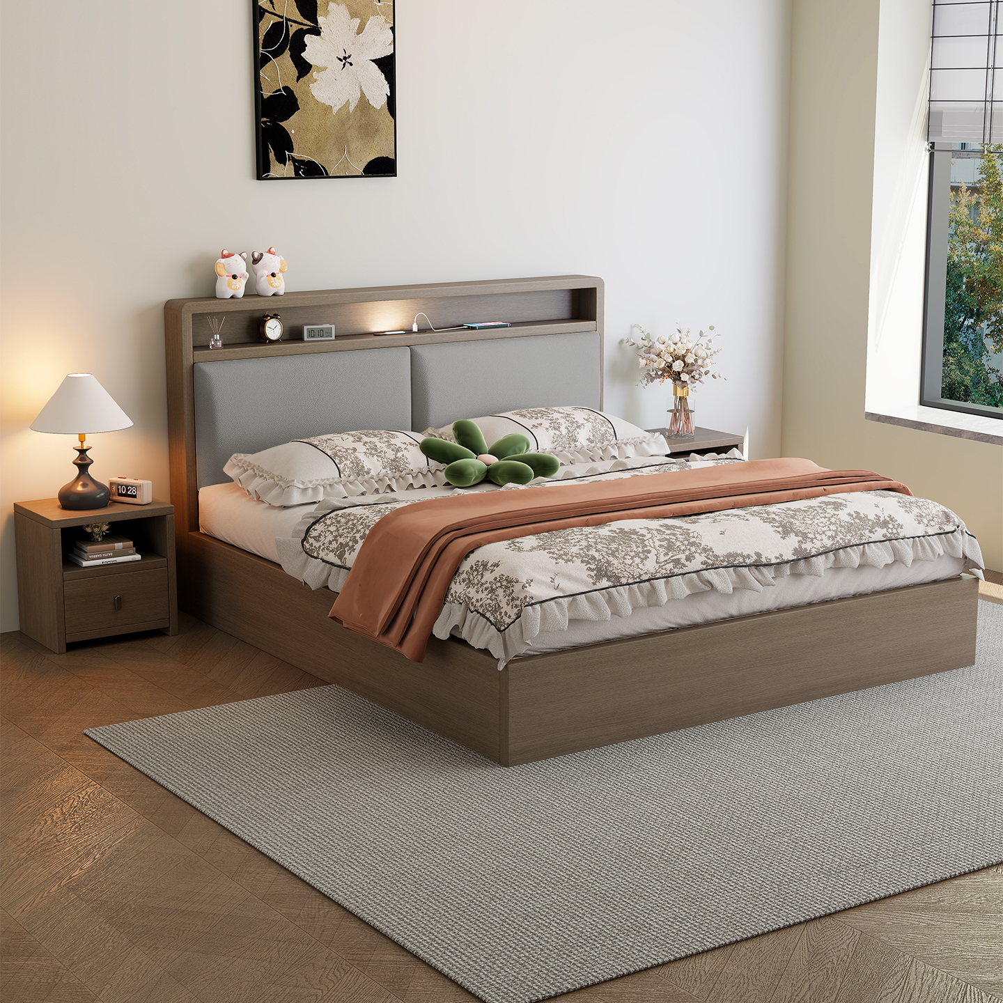 #105床头置物带夜灯简约轻奢实木床主卧室经济型家用