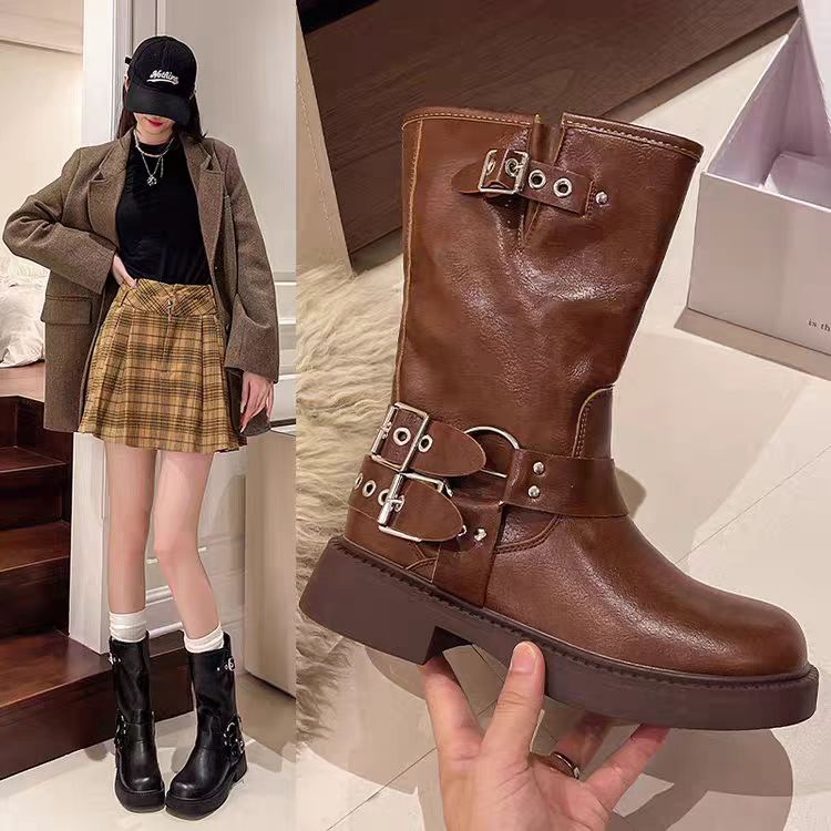 棕色美拉德中筒靴子2025新款英伦风骑士靴复古春秋单靴X80 AK