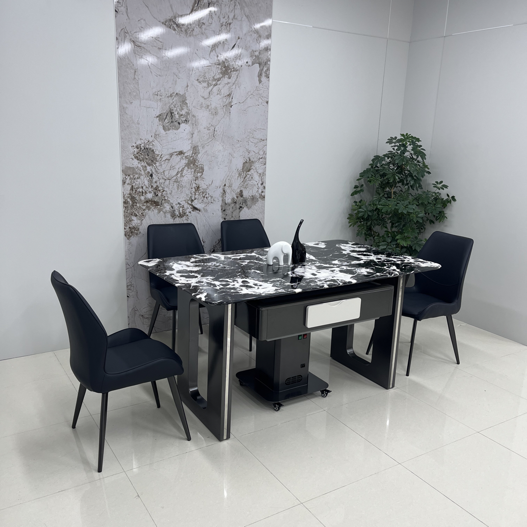 天然大理石新款奢石麻将餐桌一体两用静音高端取暖机黑白饭桌轻奢