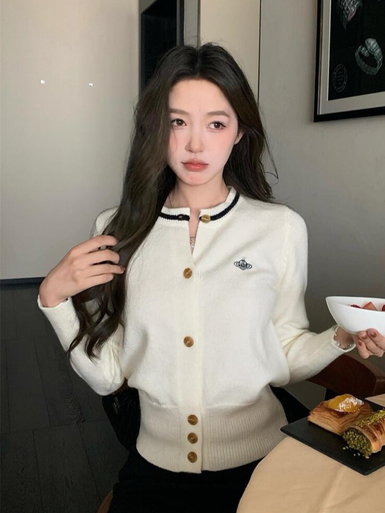 设计感撞色刺绣毛衣开衫女春秋冬收腰显瘦内搭针织打底衫短款上衣
