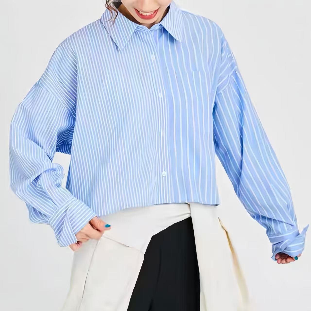 【外贸精品】0819 简约休闲短款阔版条纹长袖 衬衫