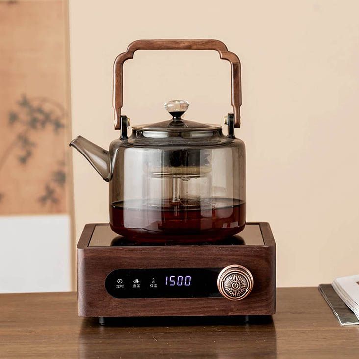 北美电陶炉煮茶电陶炉电陶炉茶壶套装黑胡桃1500W大功率实木茶具