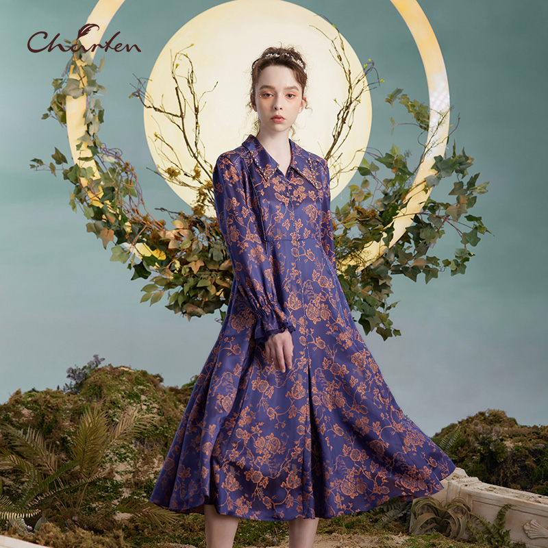 【媛媛专享】朝峰气质复古桑蚕丝碎花连衣裙CFD3B018-0027G