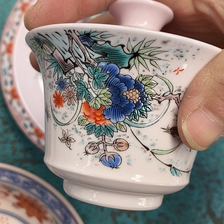 摆件陶红稀土和风花鸟两才盖碗