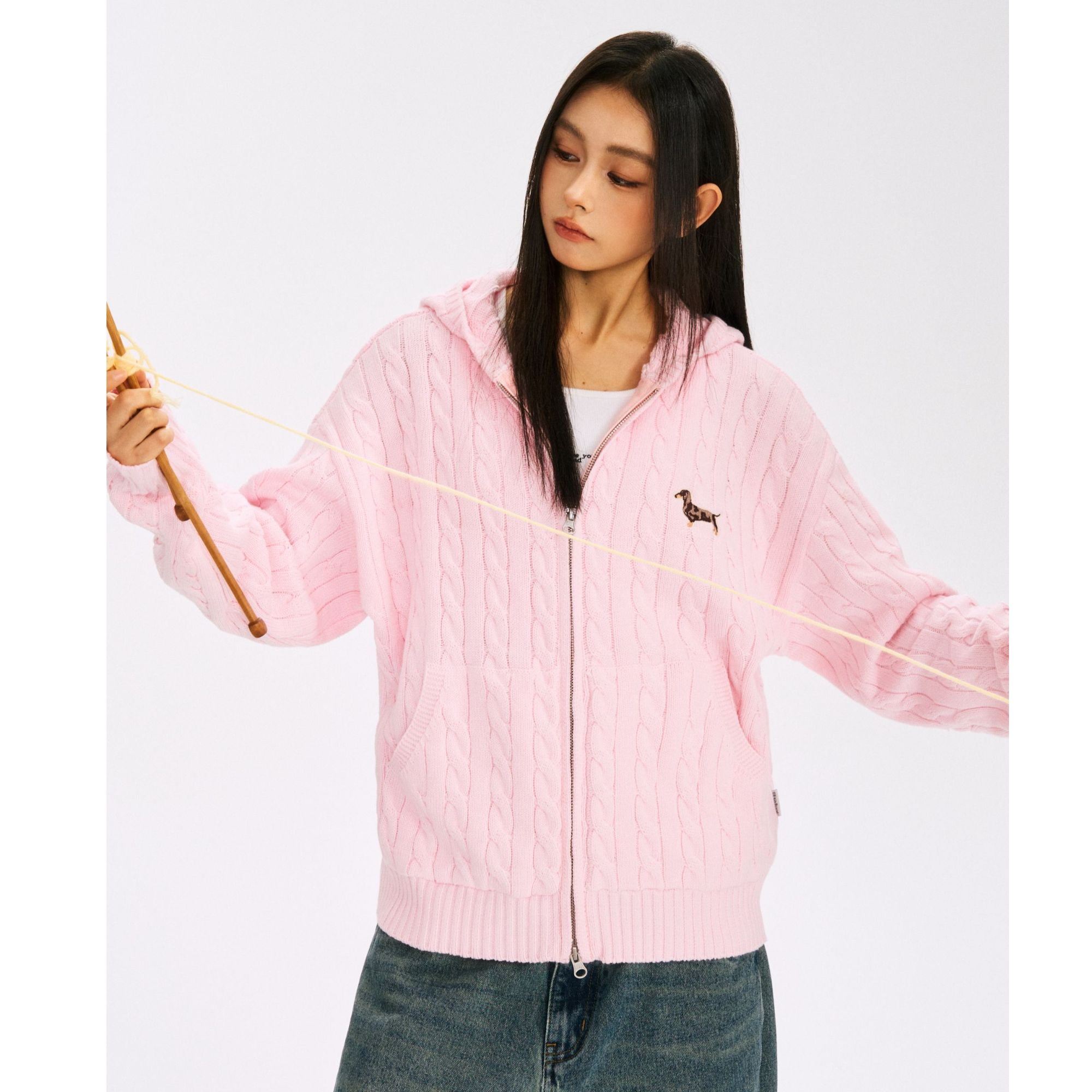 F426国潮春季新款休闲宽松复古麻花连帽开衫毛衣宽松毛衣6472 达