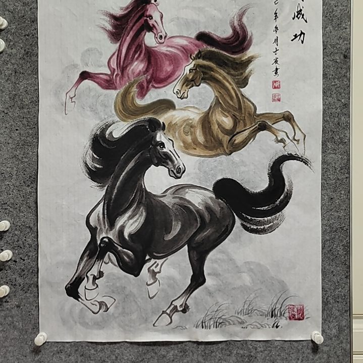 横款周士辰水墨写意骏马图