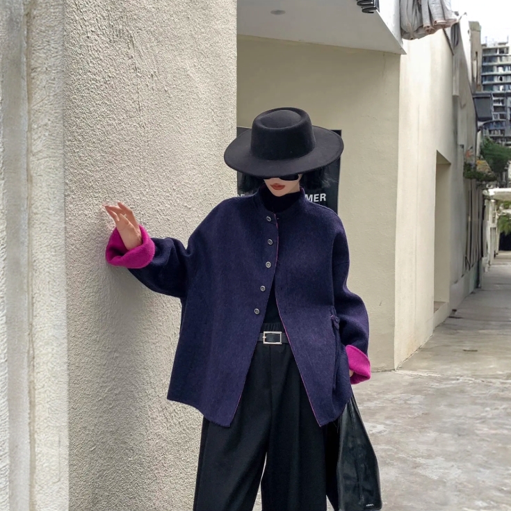 老钱风加绒加厚款女短款毛呢外套宽松针织上衣休闲