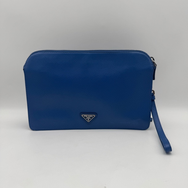 95新 Prada/普拉达 97新宝蓝色十字纹全皮手拿包/2769