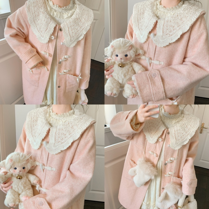 森女部落甜美风粉色中长款呢子大衣女新款设计感蕾丝领毛呢外套冬