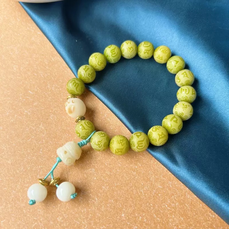 V91六字箴言绿菩提搭招财猫菩提根手串（随机礼盒）
