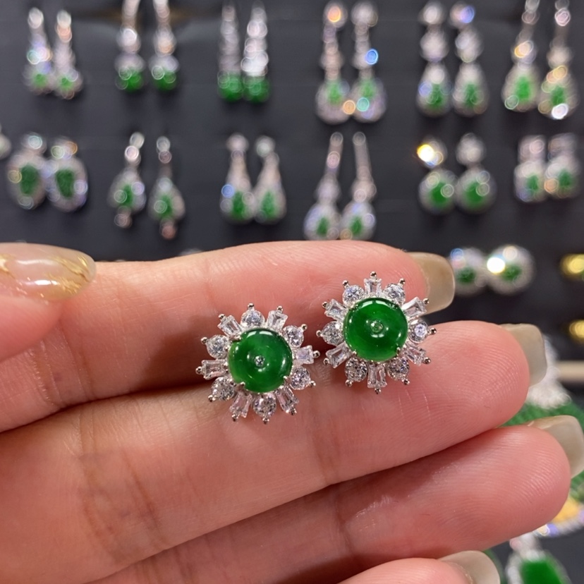 【闪购商品】翡翠耳饰银S925镀金镶嵌