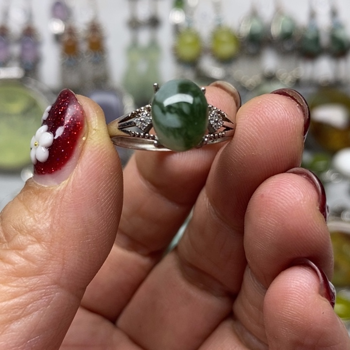 蛇纹石玉戒指银S925镶嵌