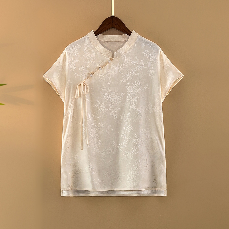 【莺竹】夏季2025新款上衣小衫女装新中式国风立领提花气质短袖衬衫