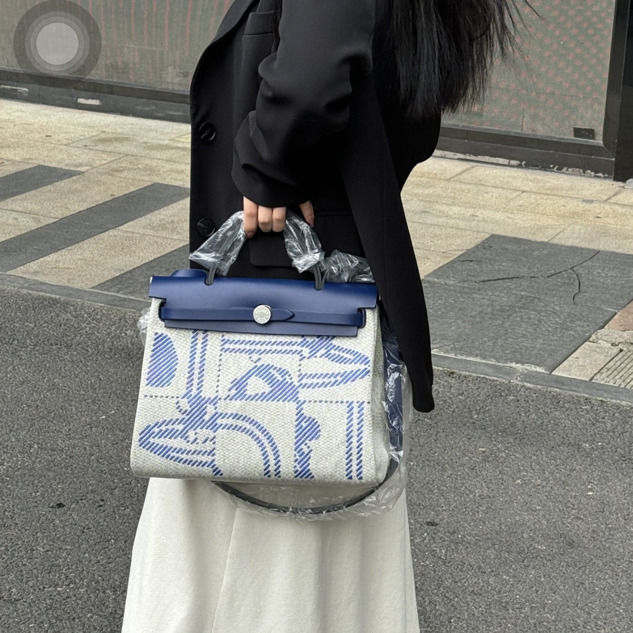 99新 Hermes/爱马仕 2464 蓝色斜纹涂鸦帆布herbag31单肩包z刻