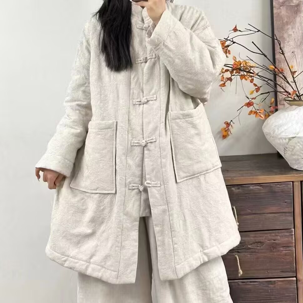 布麻小屋3068高品质炒色亚麻提花新中式中长款棉服