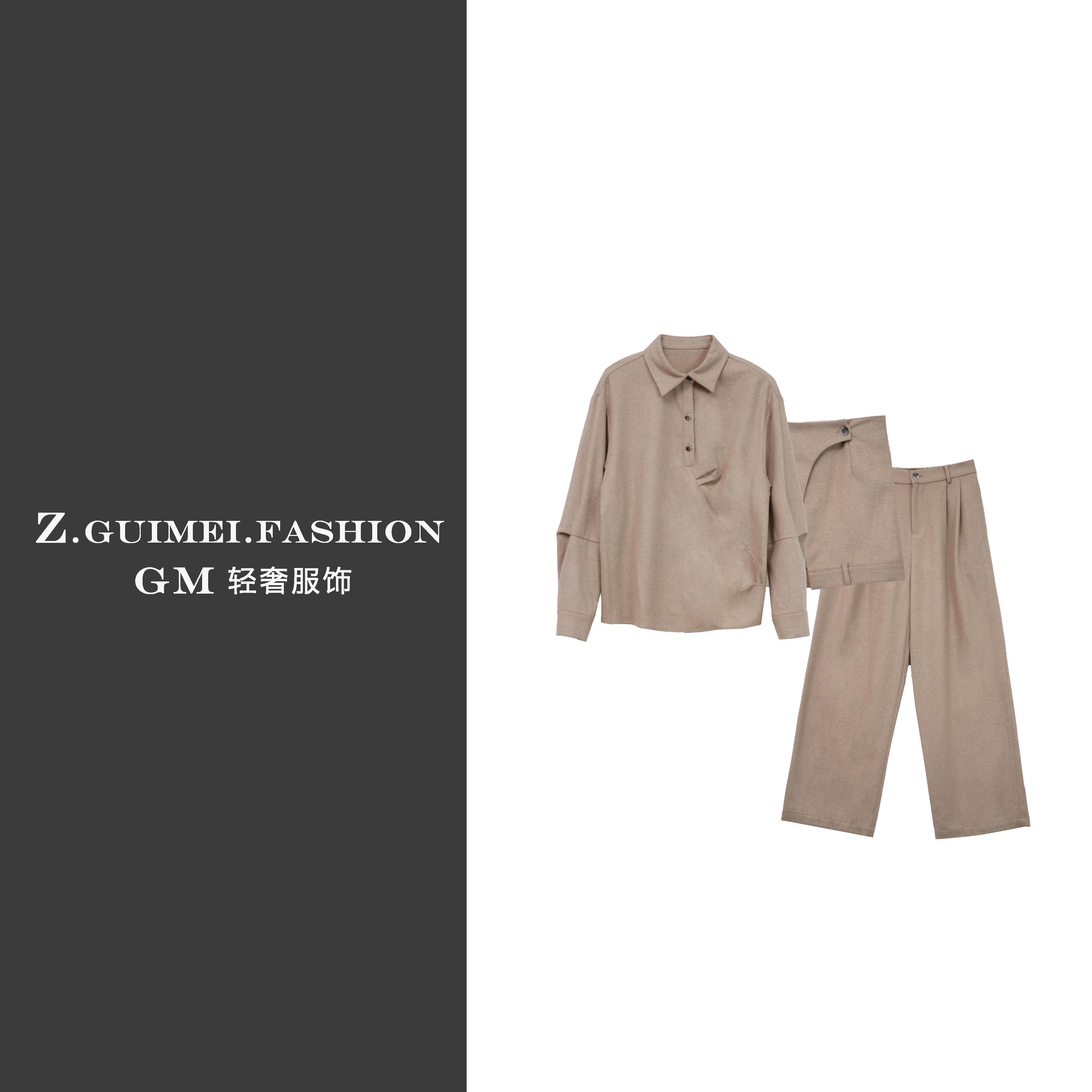 【肆姐高定】不规则捏褶外翻领衬衫羊驼毛套装XY3141