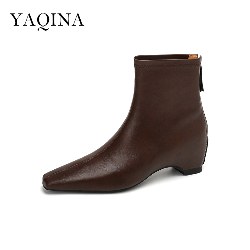 亚奇纳YAQINA新款显瘦时尚百搭简约内增高方头瘦瘦靴弹力靴短靴