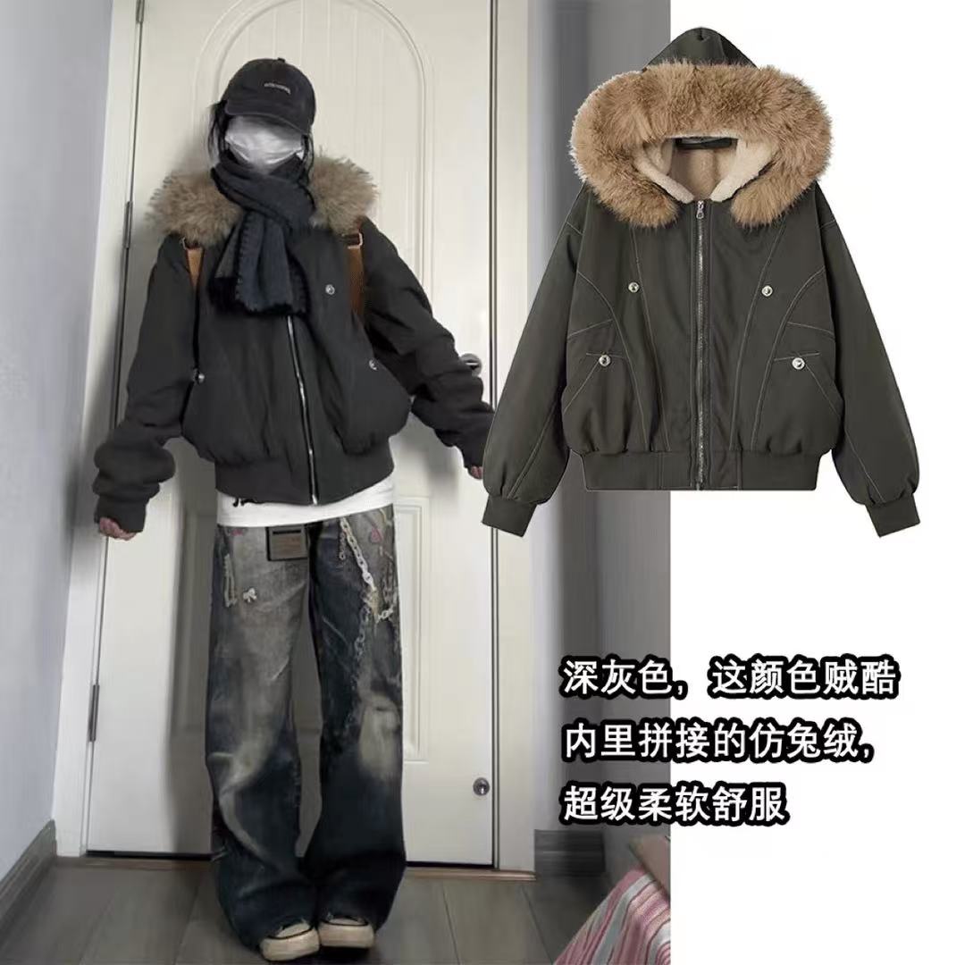 美式复古座山雕加厚棉服外套2025新款冬季情侣同款宽松毛领派克服