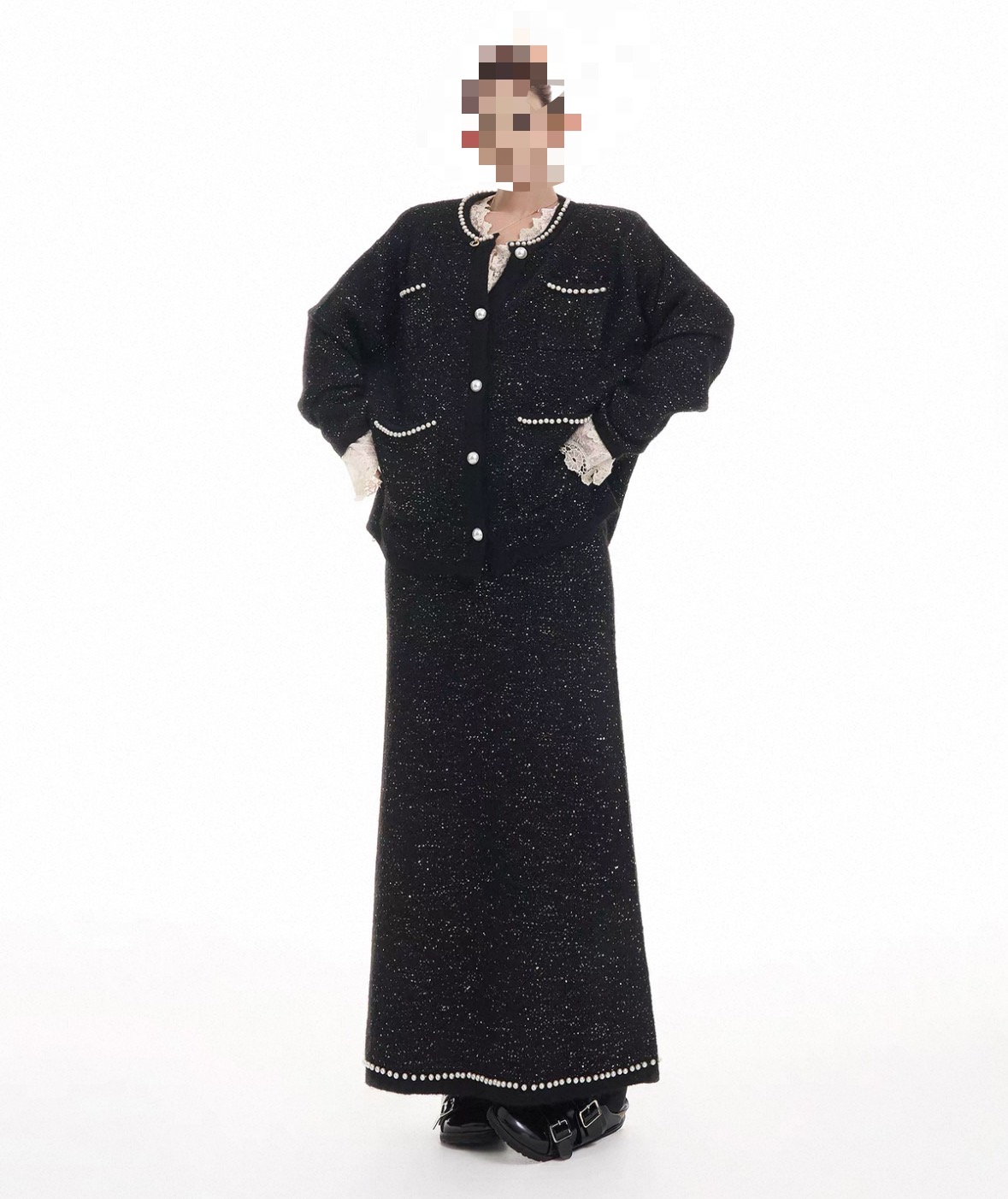 【严肉肉】新款细闪圆领长袖毛衣女秋冬韩系气质宽松开衫半裙套装