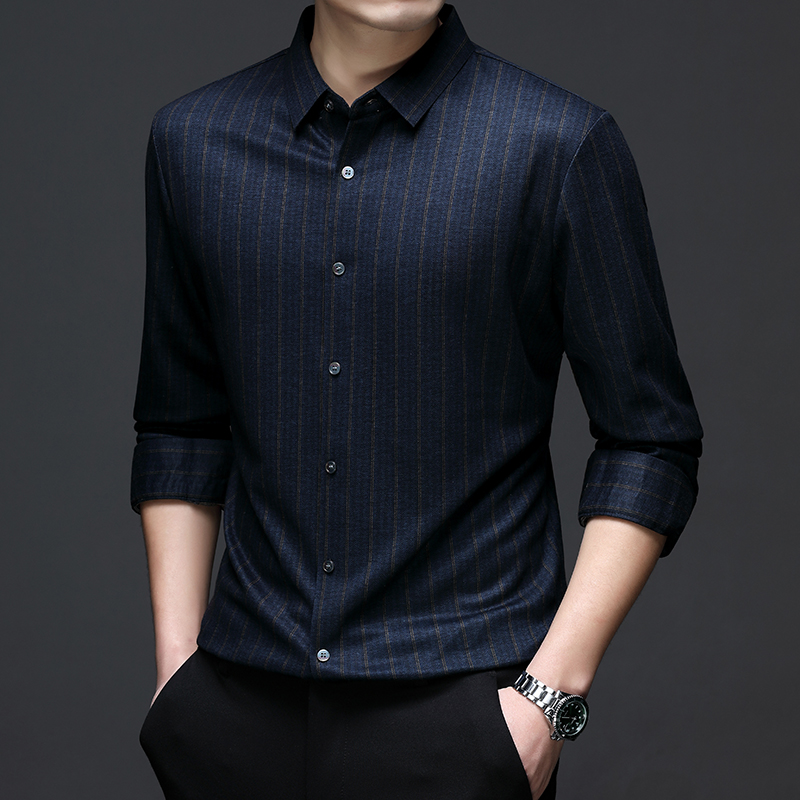 春秋长袖高弹透气长袖衬衫男士衬衫男装修身外套免烫条纹商务休闲