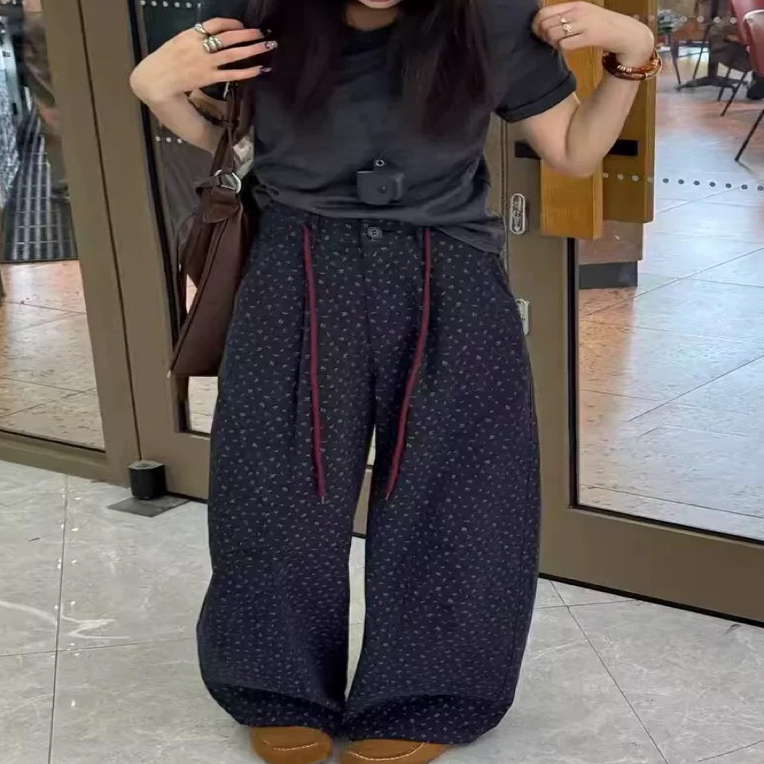 DCXY9701休闲碎花抽绳阔腿弯刀裤女2025秋款高腰显瘦直筒运动长裤