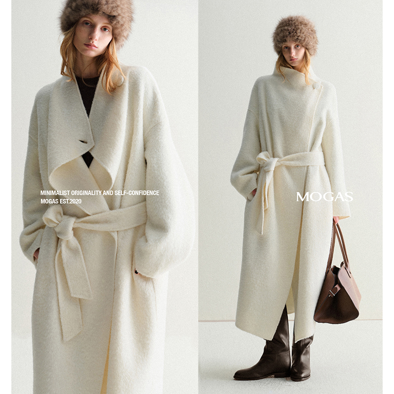 Mogas【达人专属】羊绒羊毛混纺定制系带一粒扣双面毛呢大衣外套女